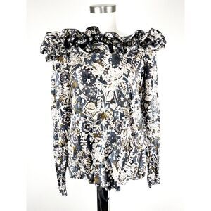 BILL BLASS NEW YORK Ruffle Long Sleeve 100% Silk Floral Side Buttons Blouse Sz 6